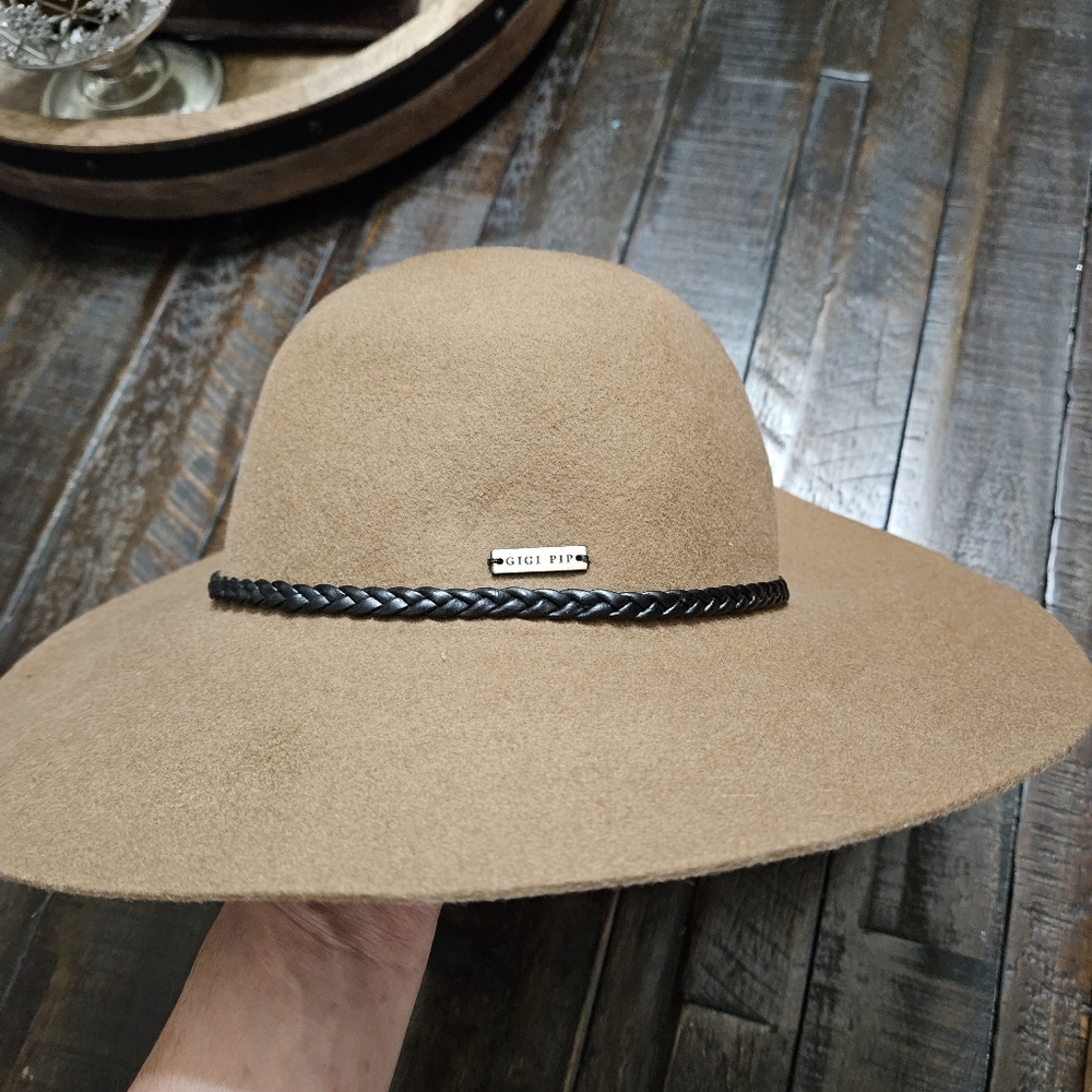 Tan Wool Floppy Hat with Braided Leather Detail and Gigi Pip Pin
